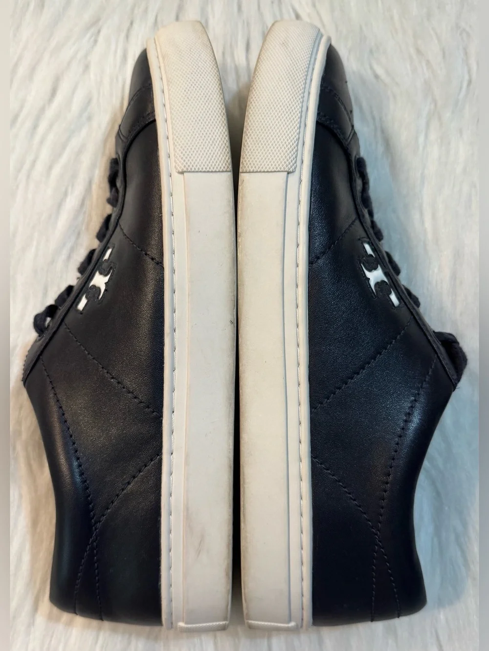 Tory Burch Ladies Amalia Nappa Leather T-Logo Sneaker Navy Blue Size 8 GUC